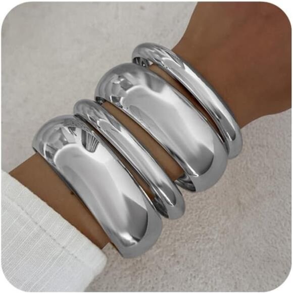 Chunky Bangle Bracelet | Gold & Silver Tone | Versatile Stacking Jewelry - Picture 1 of 4